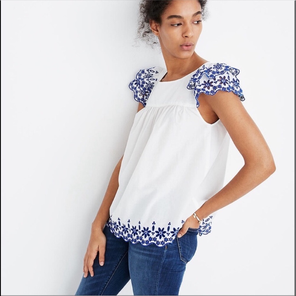 Madewell Embroidered Story White and blue feminine flutter top